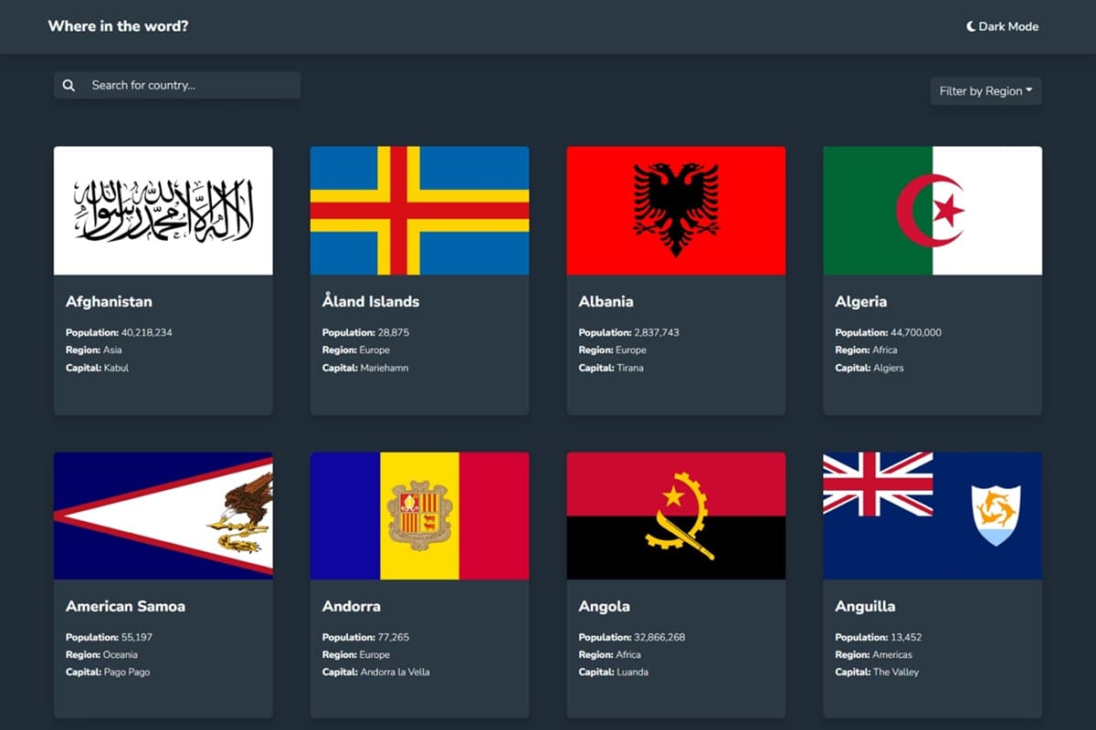 REST Countries API with color theme switcher