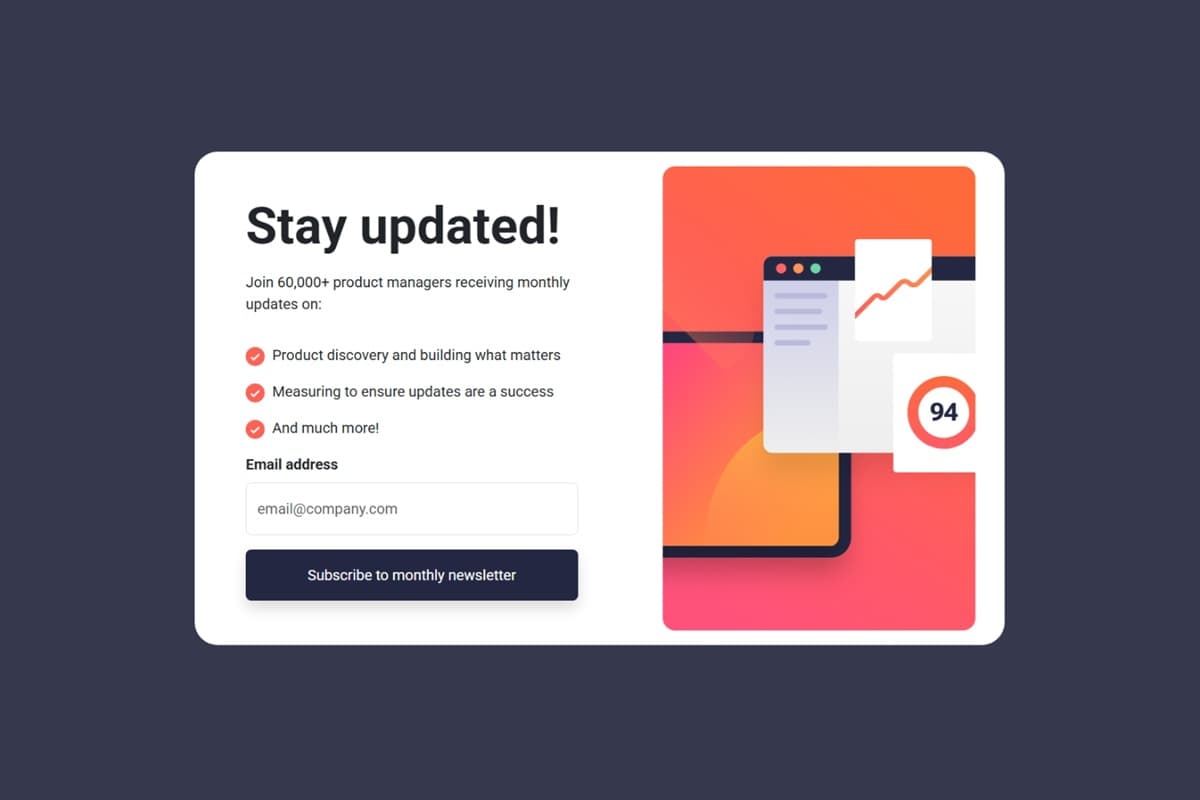 Newsletter sign-up form with success message