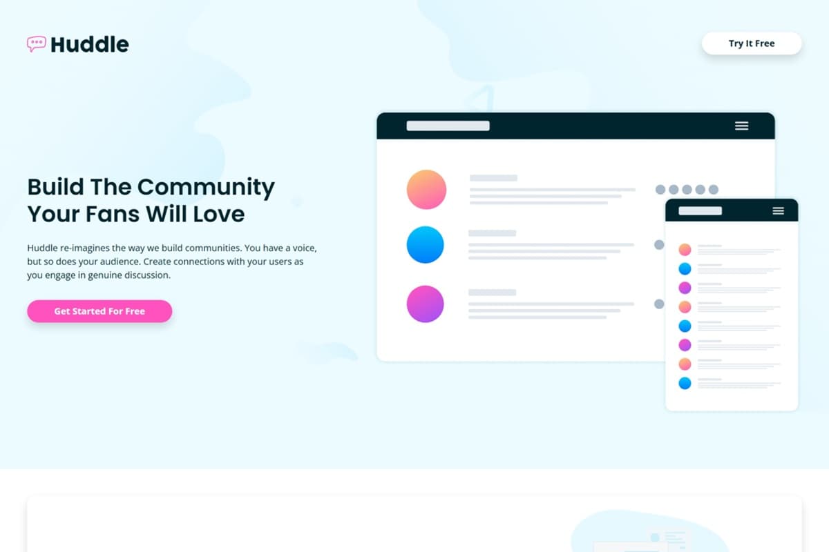 Huddle landing page with alternating feature blocks