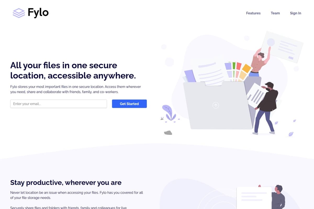 Fylo landing page with two column layout