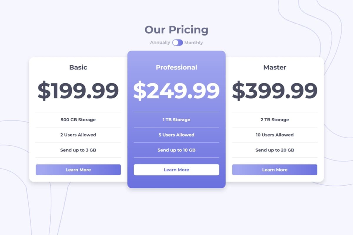 Pricing component with toggle